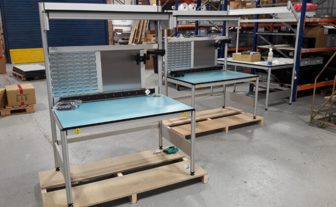 1200mm wide pre-assembled Kitehawke ESD benches prior to despatch